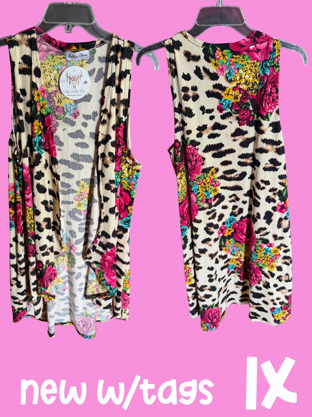1x Floral Leopard Print Vest - Pink & Cream